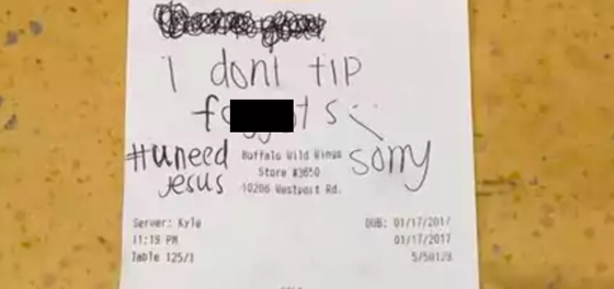 Customer writes antigay slur on receipt instead of tipping