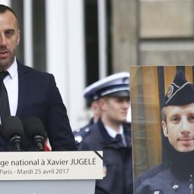 Husband of slain officer from Paris attack delivers heartbreaking eulogy