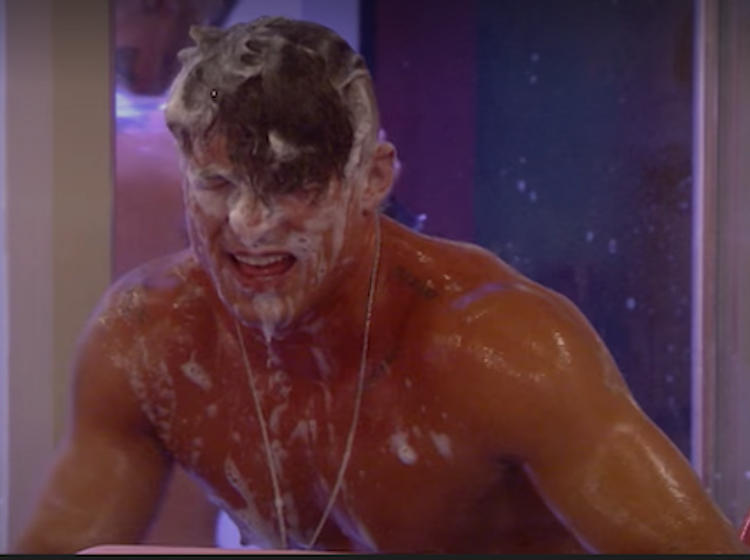Three muscly “Big Brother” guys soap each other up in the shower, just because