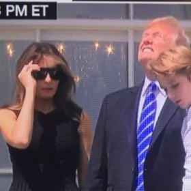 Donald Trump stares directly into the sun as aide yells “Don’t look!”