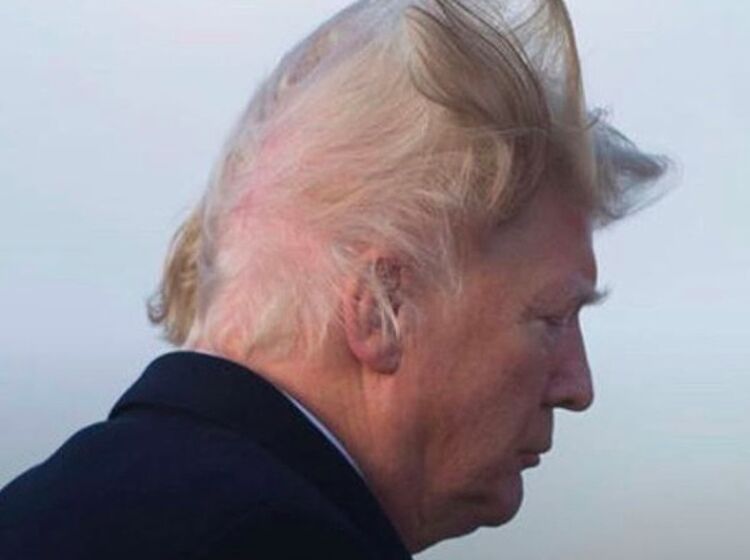 Trump’s wig snatched by the swift winds of the tarmac and everyone’s deeply confused