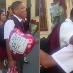 WATCH: Schoolboys celebrate Valentine’s Day with a kiss as peers cheer in support
