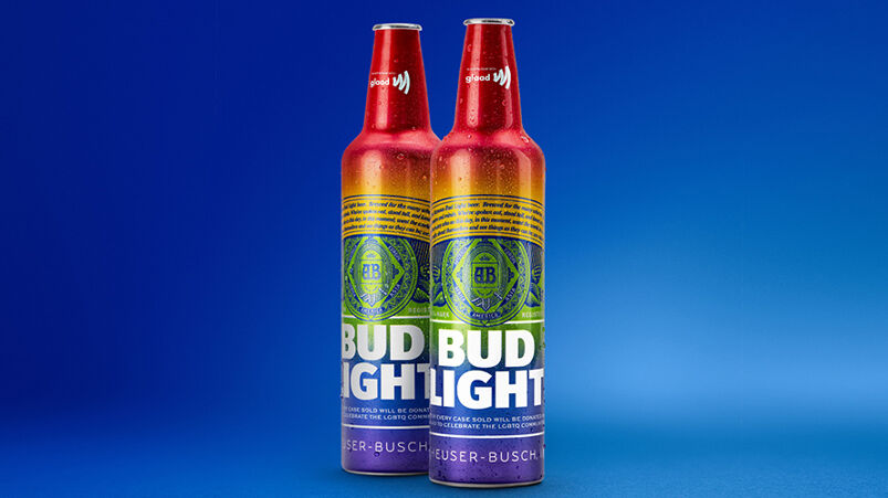 Rainbow Pride-themed Bud Light bottles.