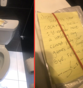 Man finds jilted lover’s dramatic breakup note and “souvenir” from relationship in gym bathroom