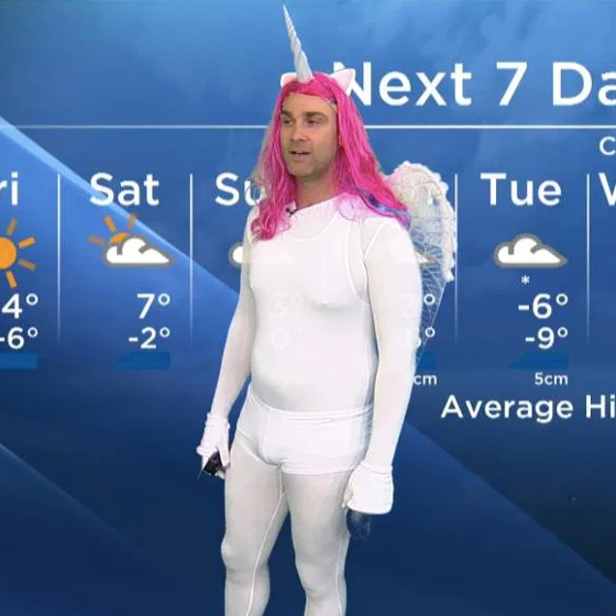 Meteorologist shows off his dad bod in magical, form-fitting unicorn costume