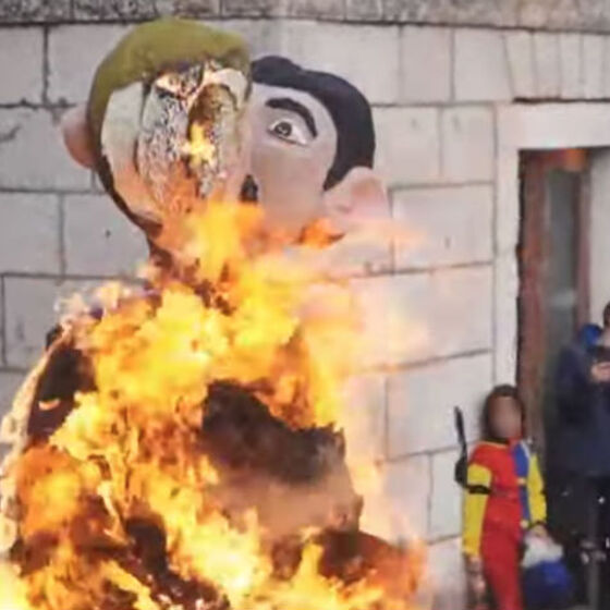 Carnival-goers burn a giant effigy of a gay couple in Croatia