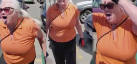 Vile mask-less woman coughs on couple outside of a grocery store