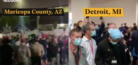 Side-by-side video shows Trump supporters simultaneously demanding to count and stop counting votes