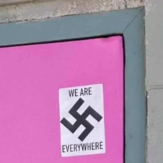Alaska gay bar marked with swastika sticker reading “we are everywhere”