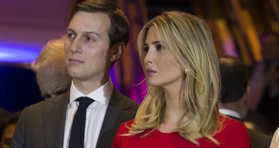 Jared Kushner and Ivanka Trump standing next to each other at an event wearing elegant attire. 