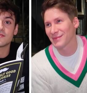 Dustin Lance Black trying not to laugh at Tom Daley’s bad jokes is adorable