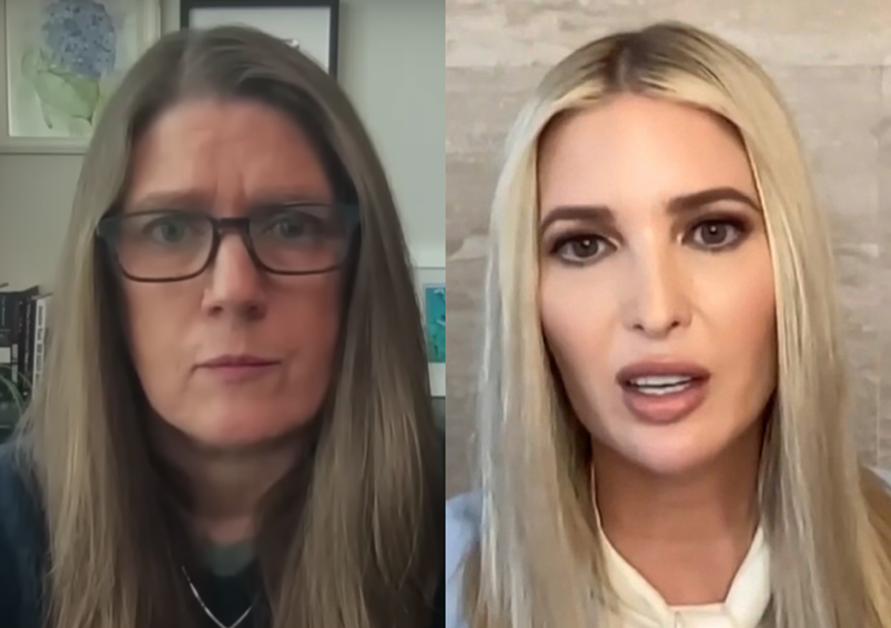 Double shot of Mary Trump wearing glasses next to Ivanka Trump speaking on screen.