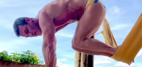 Luke Evans shows off his Tarzan-style jungle training routine… in his speedo
