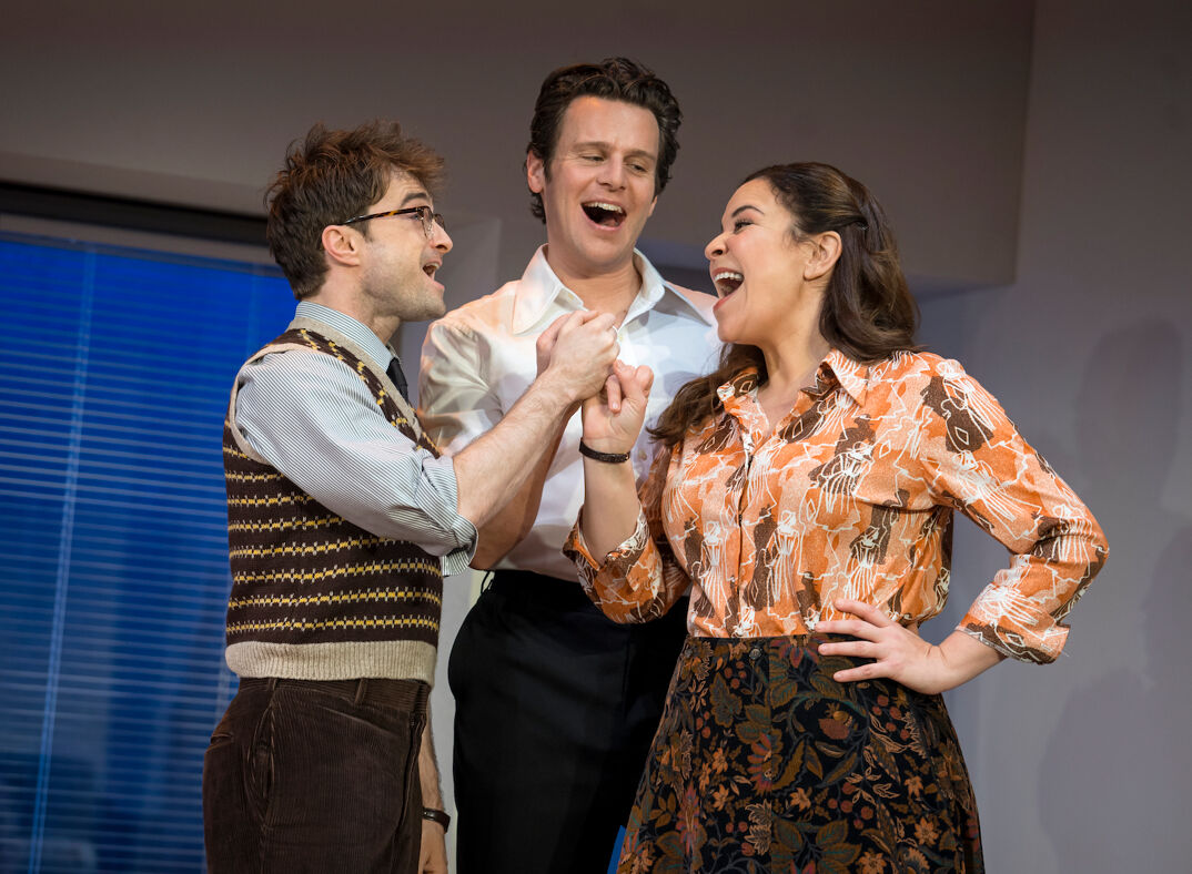 Daniel Radcliffe, Jonathan Groff and Lindsay Mendez in 'Merrily We Roll Along' at New York Theatre Workshop