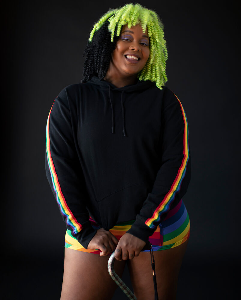 TomboyX French terry black pullover hoodie with rainbow stripe