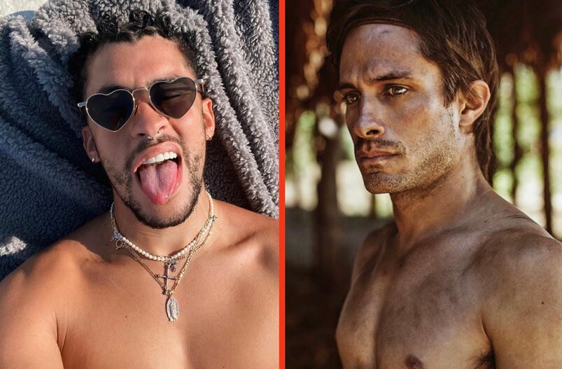 Side-by-side pictures of a shirtless Bad Bunny in heart shades sticking his tongue out and a shirtless Gael García Bernal smoldering.