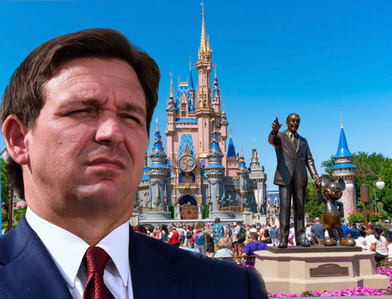 A collage of Ron DeSantis and the Magic Castle at Walt Disney World.