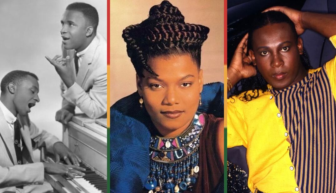 A collage of Black performers in history: Charlie and Ray in the 1950s, Queen Latifah in the 1990s, and Sylvester in the 1970s.