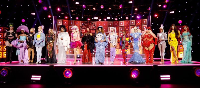 The cast of 'Rupaul's Drag Race' season 15 stands onstage after the premiere episode talent show.