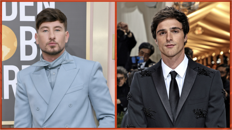 A composite image of actors Barry Keoghan, and Jacob Elordi both dressed up in suits on red carpets