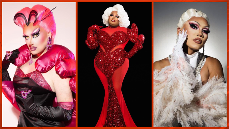 A triptych of Drag Race queens in their glove runways: irene Dubois, Malaysia Babydoll Foxx, and Aura Mayari