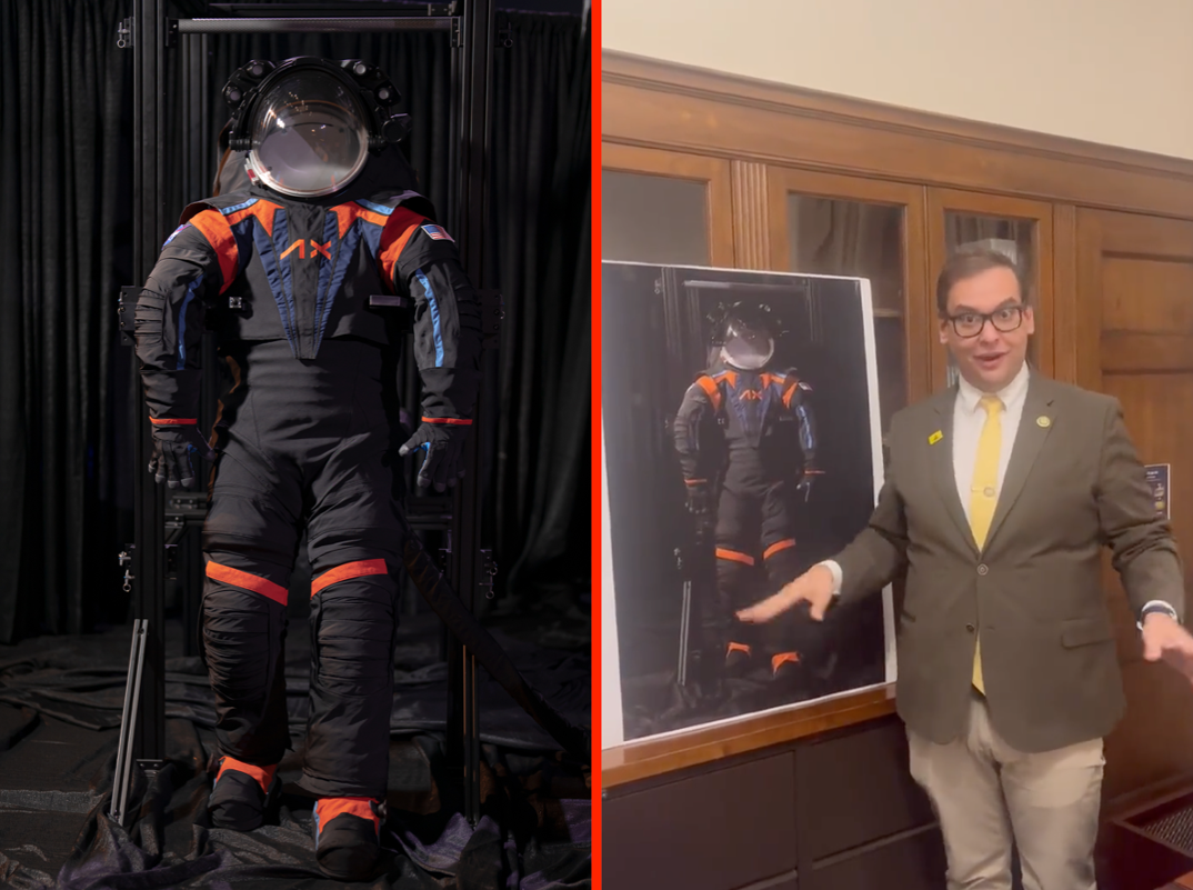 Side by side image of NASA lunar suit prototype and George Santos in a bright yellow tie