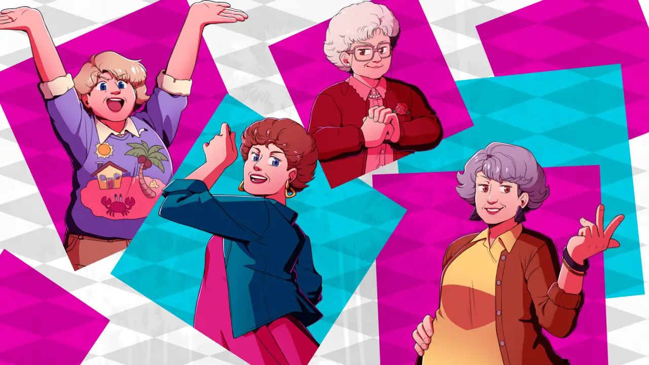 Video game avatars of the 'Golden Girls' in blue and pink squares against a diamond-patterned white background.