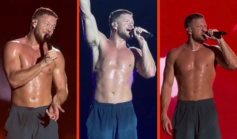 A collage of Imagine Dragons singer Dan Reynolds shirtless and sweaty in concert.