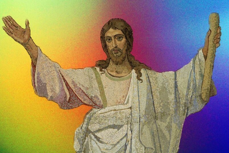 A painting of Jesus against a rainbow gradient background.