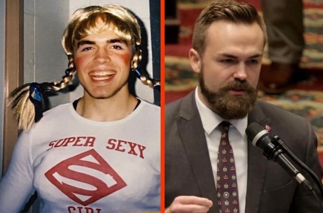 A side-by-side collage, the left of which shows a young adult Nick Schroer in a blonde pigtails wig and fake breasts, while the right shows Nick Schroer's current gruff appearance.