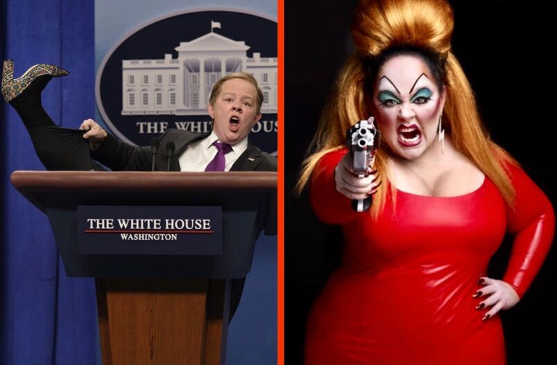 A collage of Melissa McCarthy as fromer White House Press Secretary Sean Spicer and as drag icon Divine.