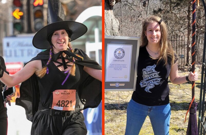 A woman dressed as a witch runs a marathon and holds a plaque from Guinness World Records.