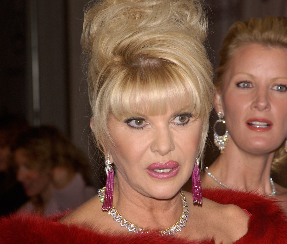 Ivana Trump in a red dress and purple earrings