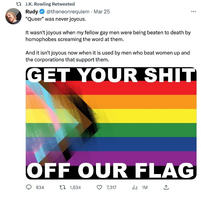 JK Rowling retweets criticism of pride flag