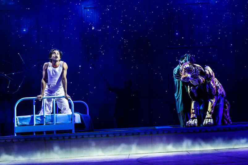 Pi is stranded in the ocean in Broadway's Life of Pi