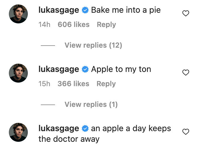Lukas Gage comments under Chris Appleton's photos