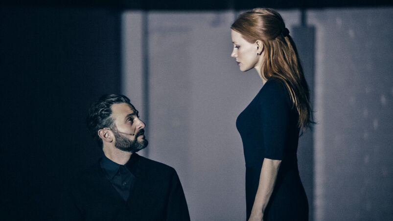 Arian Moayed, left, and Jessica Chastain in the Broadway revival of A Doll’s House. Courtesy of A Doll’s House