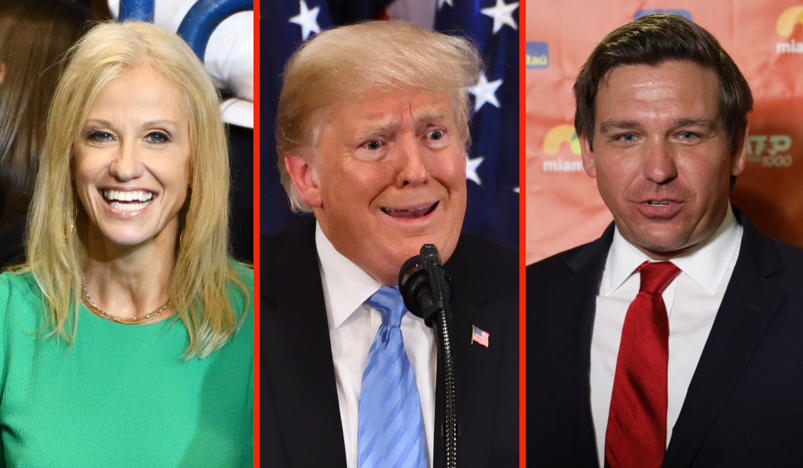 A threeway image of Kellyanne Conway in a green shirt, Donald Trump with crazy eyes, and Ron DeSantis sweating