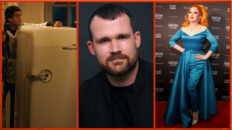 A triptych of images. On the left, a young man moves a retro white fridge in a hallway. In the middle, filmmaker Anton van der Linden poses in a black jacket against a grey backdrop. On the right, drag queen Jinkx Monsoon wears red hair and a blue gown on a red carpet.