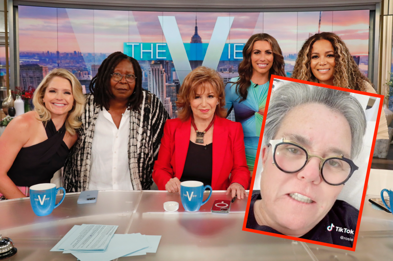 The current hosts of 'The View' along with an image of Rosie O'Donnell wearing a black shirt and glasses