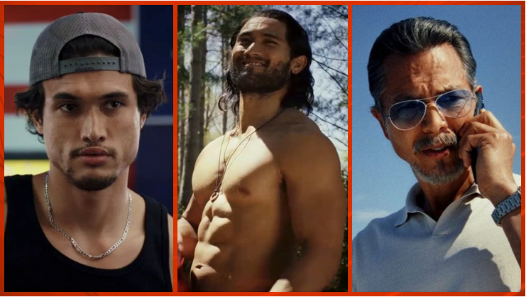 A triptych of Charle Melton in a hat and black tank top, Chris Cortez shirtless with a beard, and Benjamin Bratt wearing sunglasses and a white button-up shirt