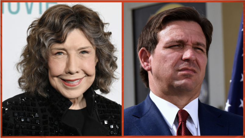 A diptych with Lily Tomlin on the left, wearing black on a red carpet. On the right, Flroida governor Ron DeSantis squints next to an American flag while wearing a blue suit with a red tie.