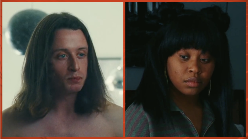 A diptych of Rory Culkin, shirtless, and Domninique Fishback, looking confused, in 'Swarm'