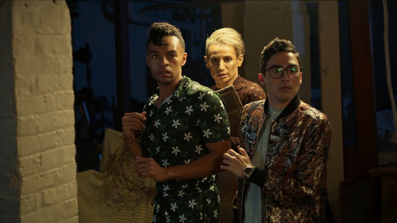 Noah J. Ricketts, Frankie Grande, and Troy Iwata play three gay men who look scared, trapped in a huanted house.