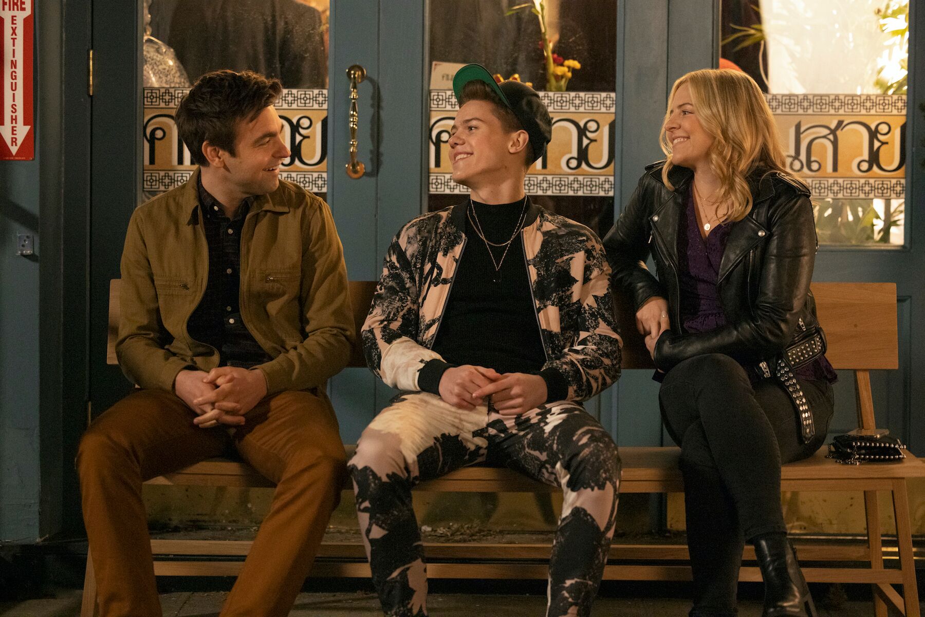 Drew Tarver, Case Walker, and Helene Yorke on the set of 'The Other Two'.