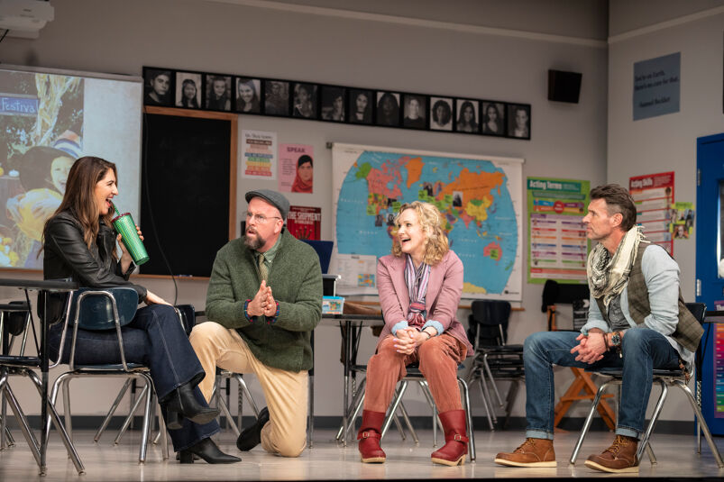 D'Arcy Carden, Chris Sullivan, Katie Finneran, and Scott Foley sit in a classroom in The Thanksgiving Play