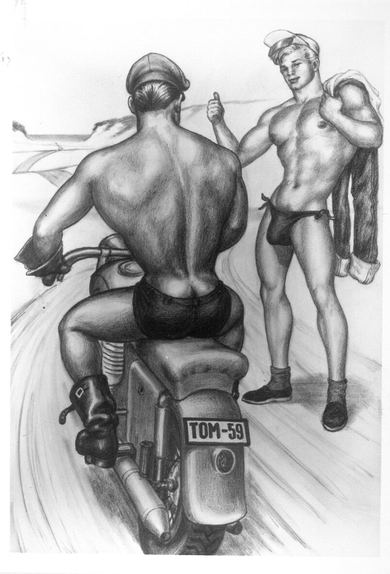 A drawing of a man on his motorcycle and another man in a speedo hitchhiking. 