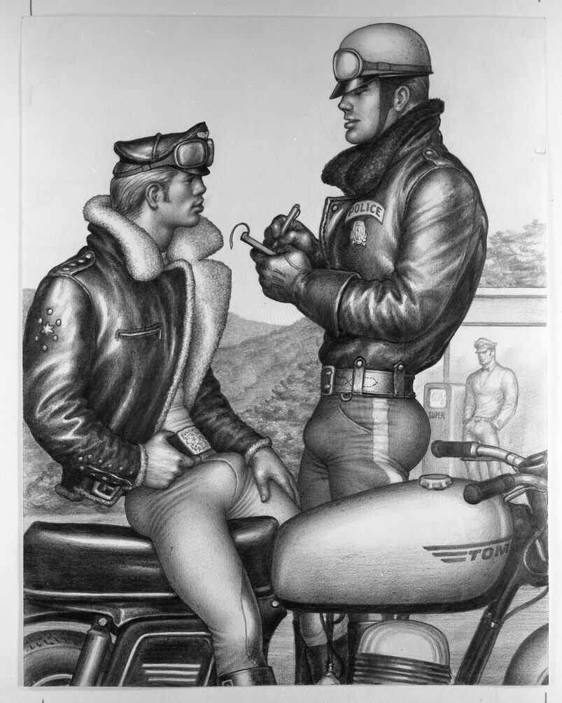 A drawing of a police officer stopping a man on his motorcycle. 