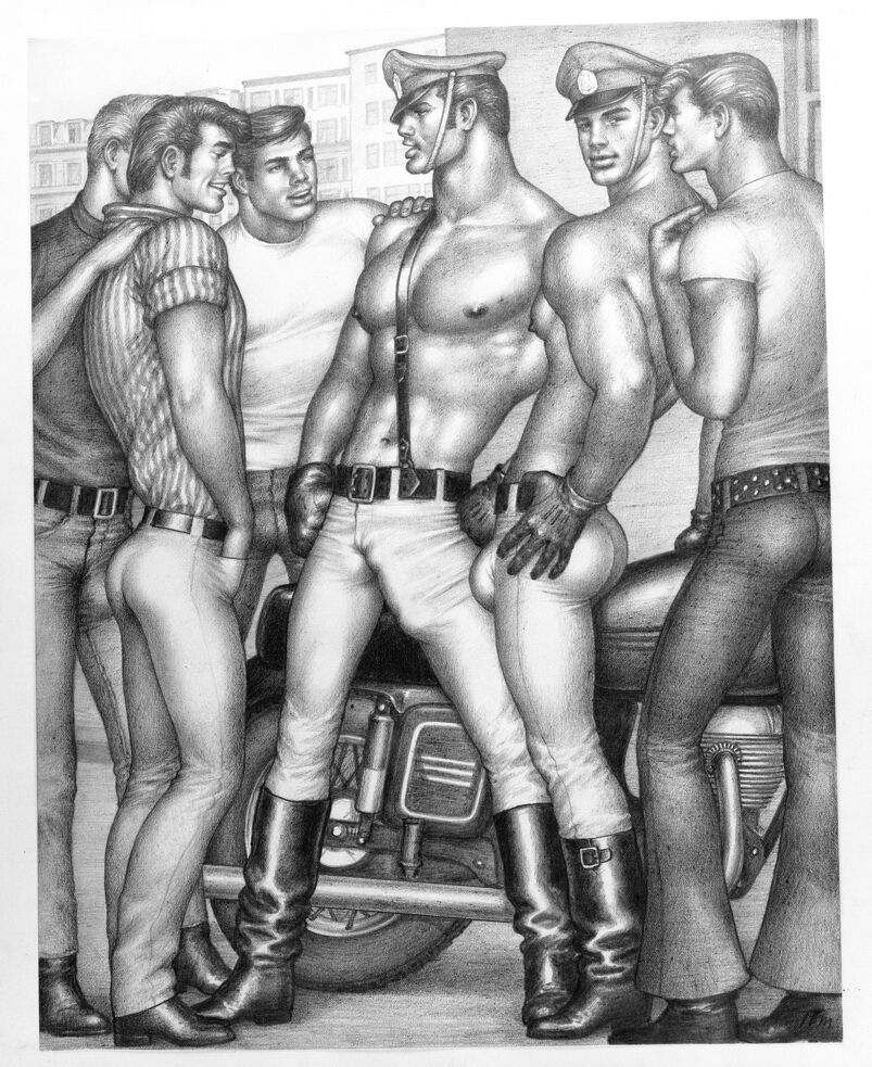 A drawing of a group of6 muscular gay men fraternizing. 