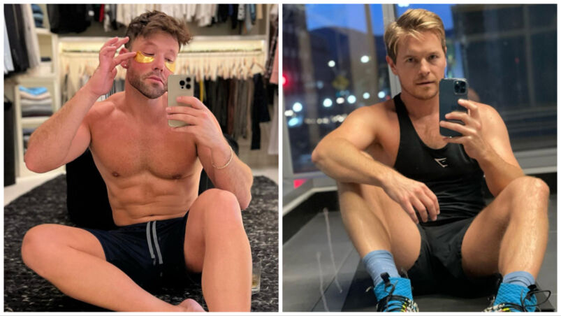 A diptych. On the left, Taylor Frey is shirtless in black shorts sitting on the ground of a walk-in closet. On the right, Rick Cosnett wears black shorts, tank top, and blue socks, sitting in a gym.
